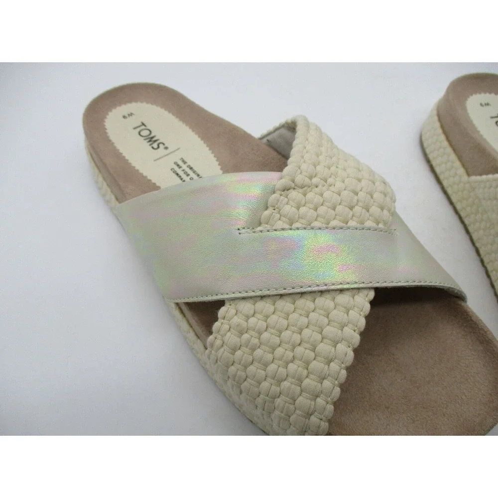Toms Sandals Womens 9 Paloma Iridescent Leather Slide Casual‎ Silver Comfort New